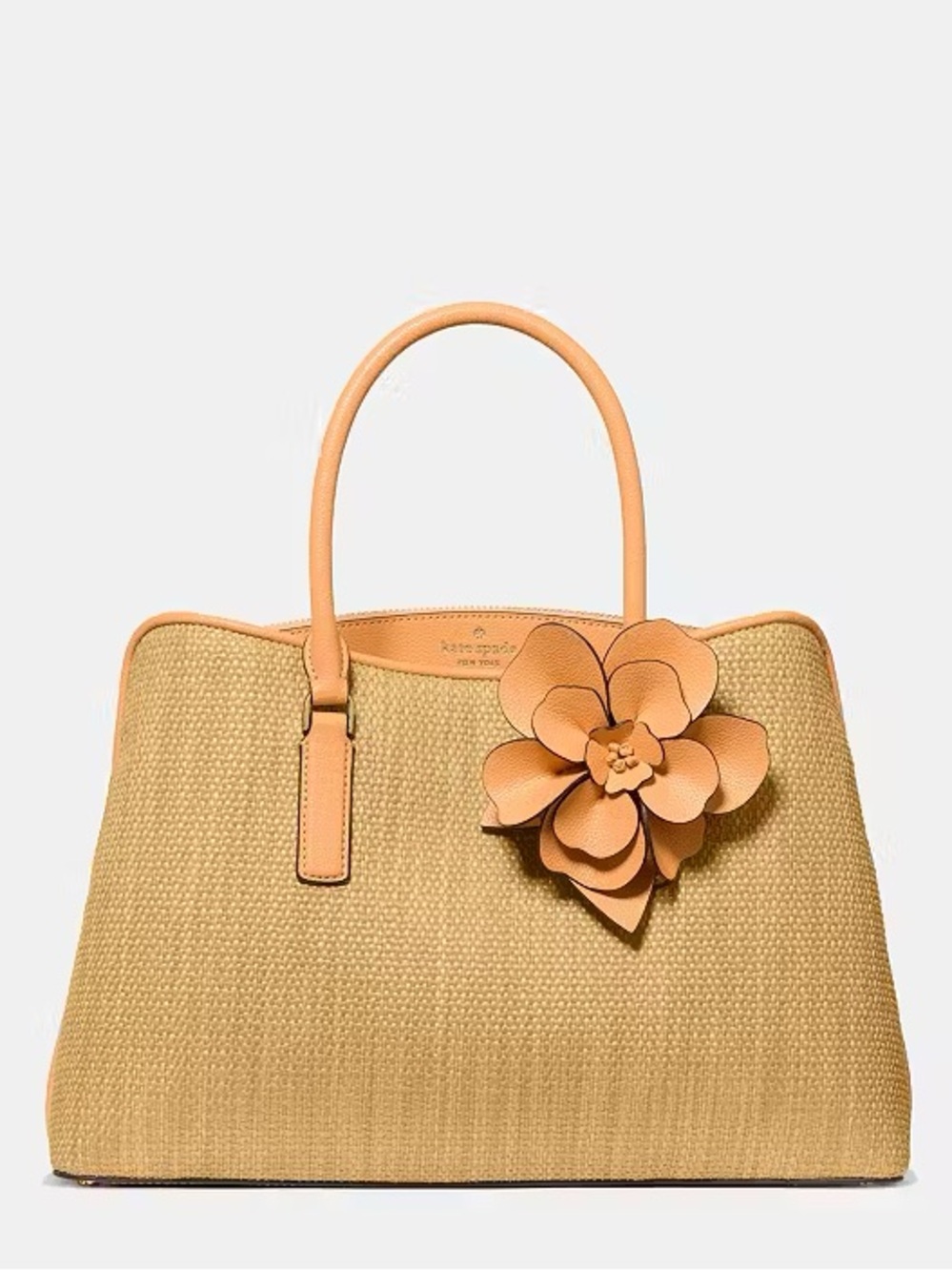 Kate Spade Thompson St Straw Large Satchel Bag w Floral Charm, Desert Sunset NWT